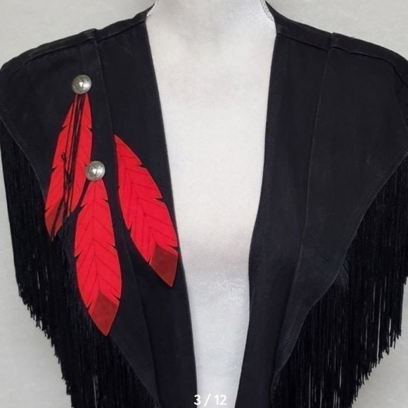 Rare Vintage Wanted Black Denim Red Feather Bold Fringe Western Boho Shawl - Picture 3 of 11